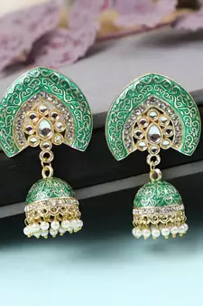 Enameled Green color Structured Stone Jhumka Earring