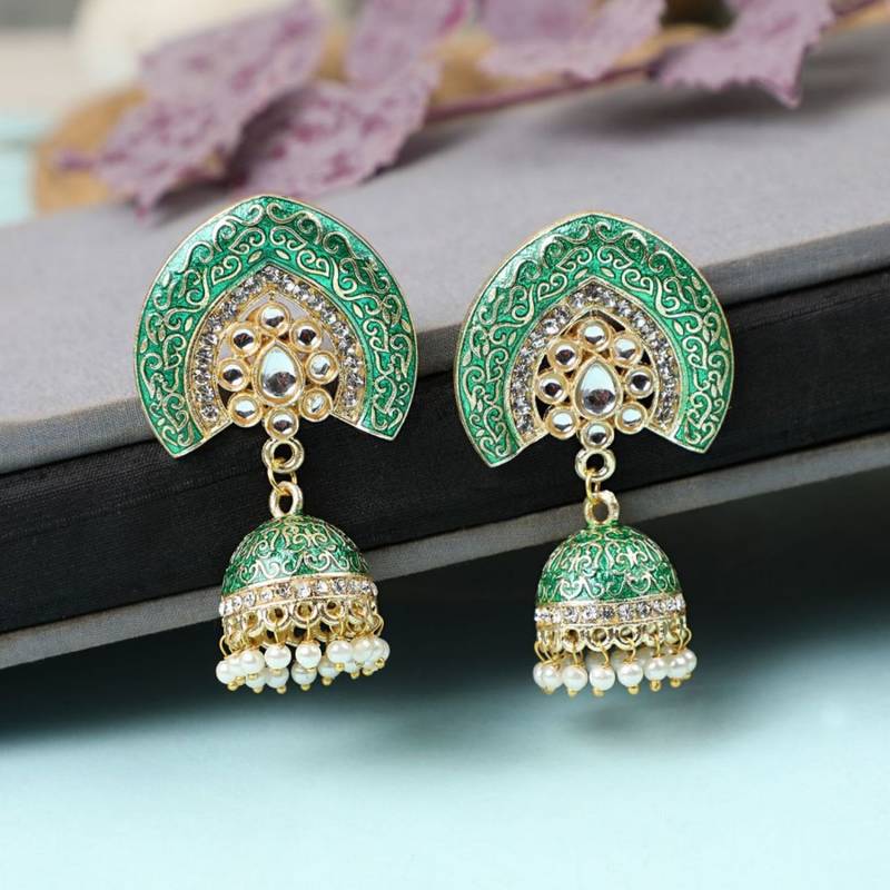 Enameled Green color Structured Stone Jhumka Earring