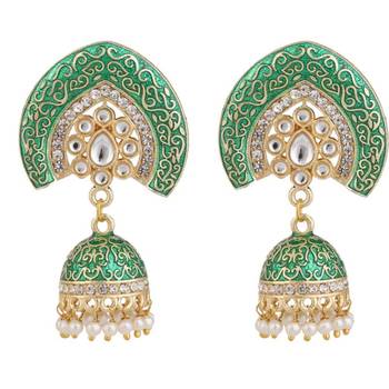 Enameled Green color Structured Stone Jhumka Earring 4