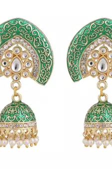 Enameled Green color Structured Stone Jhumka Earring
