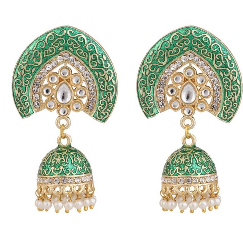 Enameled Green color Structured Stone Jhumka Earring