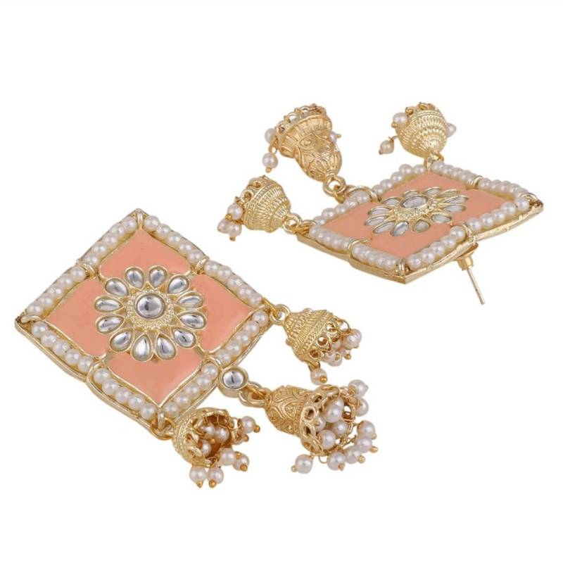 Square Enameled Kundan and Pearl Studded Jhumka Earring