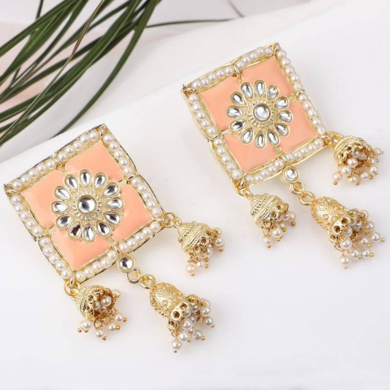Square Enameled Kundan and Pearl Studded Jhumka Earring