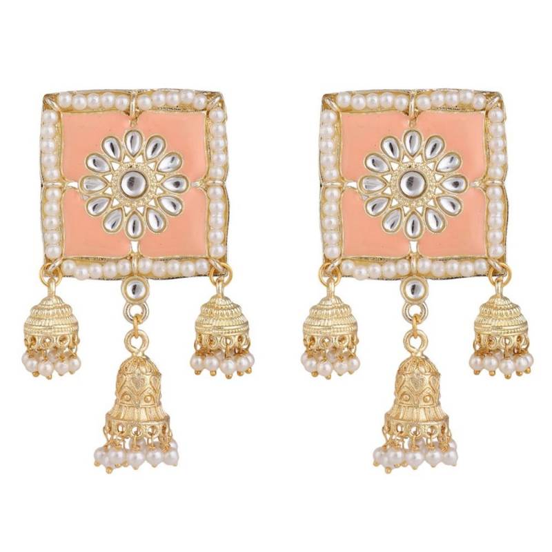 Square Enameled Kundan and Pearl Studded Jhumka Earring