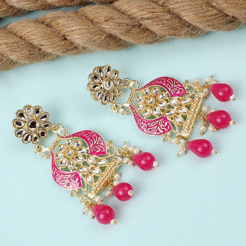 Traditional Red color Enameled Kundan and Pearl Studded Earring