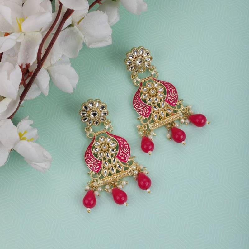 Traditional Red color Enameled Kundan and Pearl Studded Earring