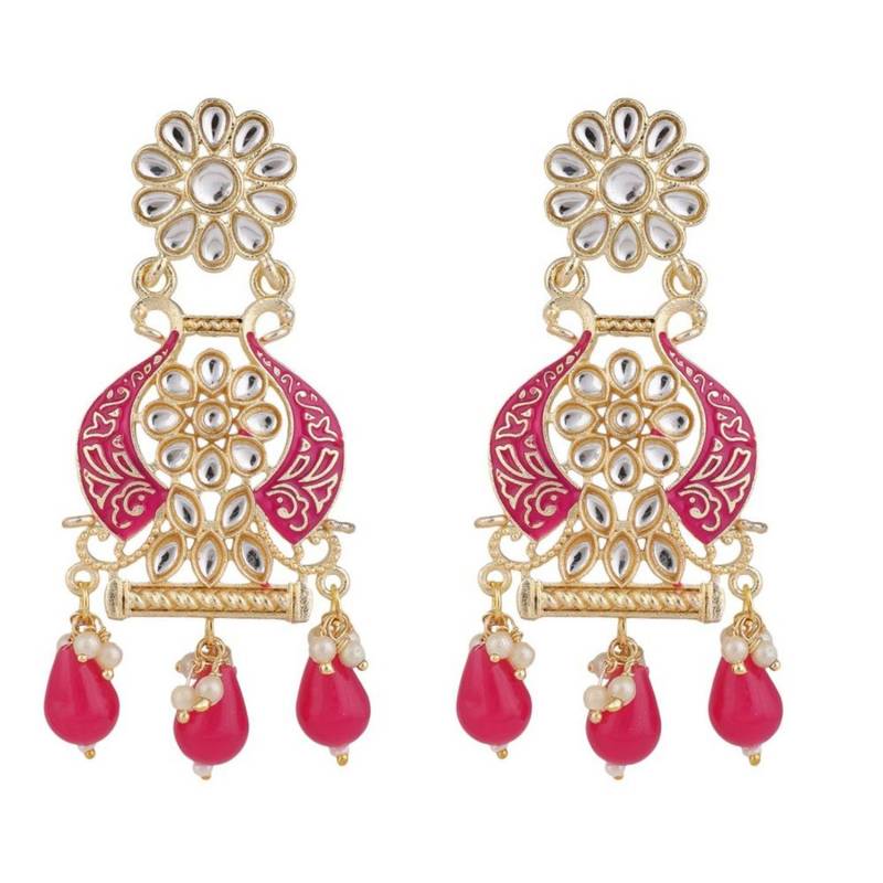 Traditional Red color Enameled Kundan and Pearl Studded Earring