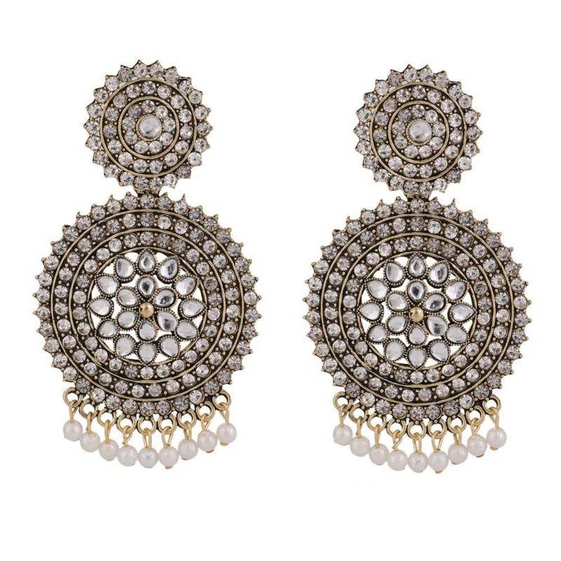 Oxidised Stone and Pearl Studded Round Shaped Earring