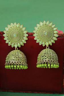 Classic Gold Plated Green color Stone studded Jhumka Earring