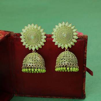 Classic Gold Plated Green color Stone studded Jhumka Earring 1