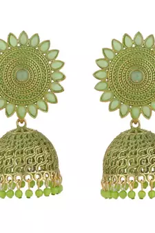 Classic Gold Plated Green color Stone studded Jhumka Earring