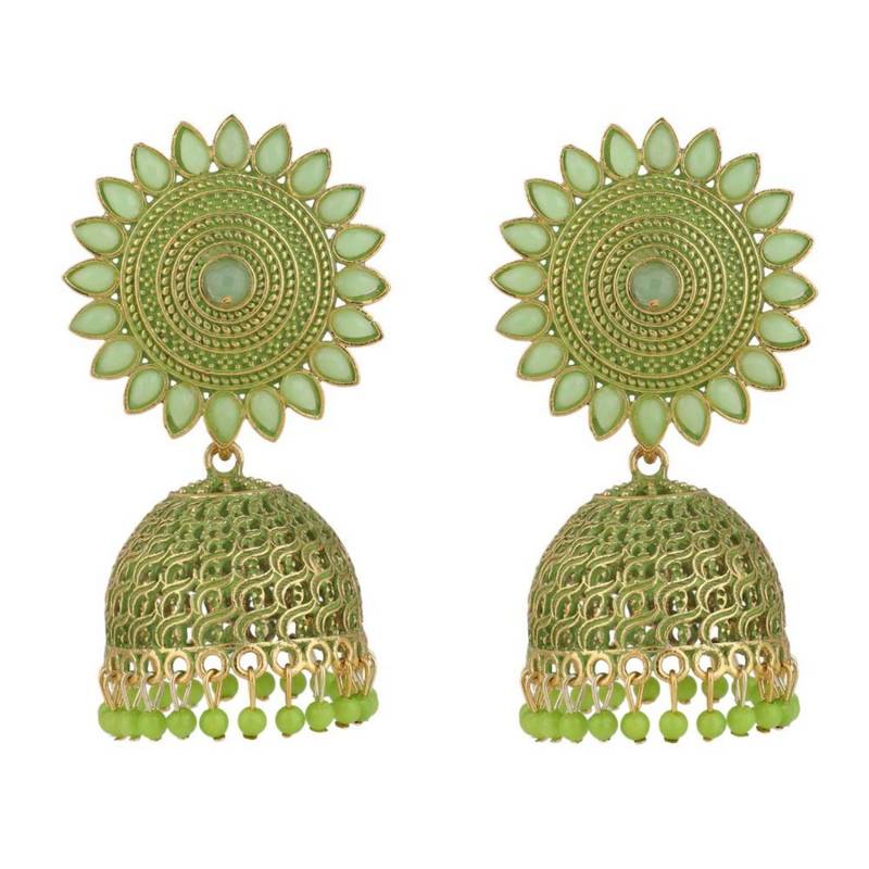 Classic Gold Plated Green color Stone studded Jhumka Earring