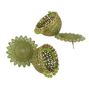 Classic Gold Plated Green color Stone studded Jhumka Earring 3