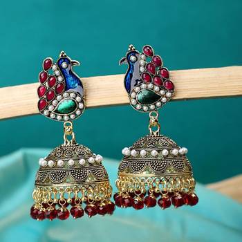 Peacock shape Multicolor stone studded Gold Plated Jhumka Earring 1