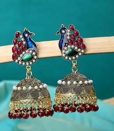Peacock shape Multicolor stone studded Gold Plated Jhumka Earring