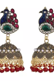 Peacock shape Multicolor stone studded Gold Plated Jhumka Earring