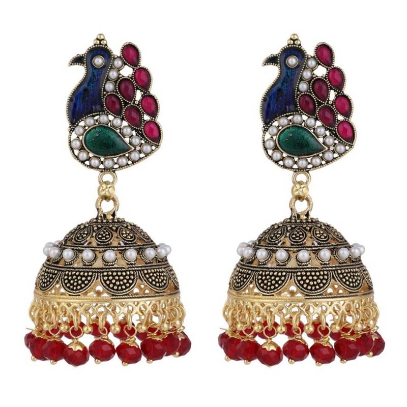 Peacock shape Multicolor stone studded Gold Plated Jhumka Earring