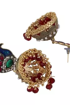 Peacock shape Multicolor stone studded Gold Plated Jhumka Earring