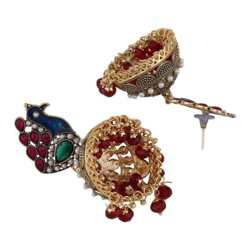 Peacock shape Multicolor stone studded Gold Plated Jhumka Earring