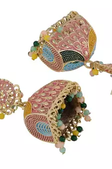 Classic Pink Enameled Stone Studded Jhumka Earring