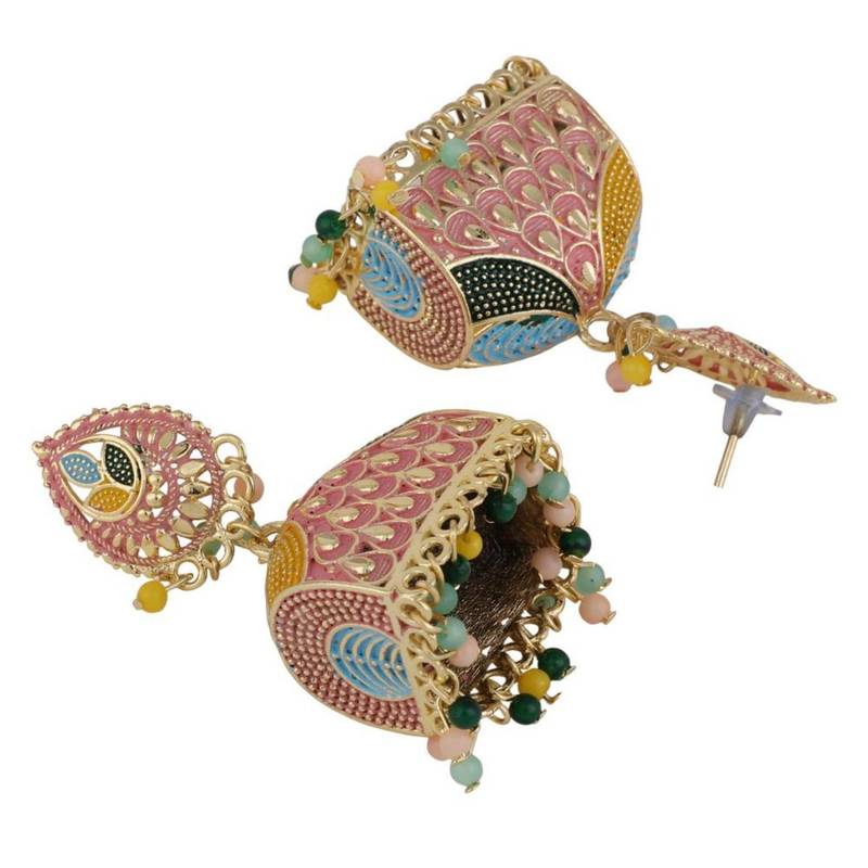 Classic Pink Enameled Stone Studded Jhumka Earring