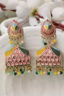 Classic Pink Enameled Stone Studded Jhumka Earring