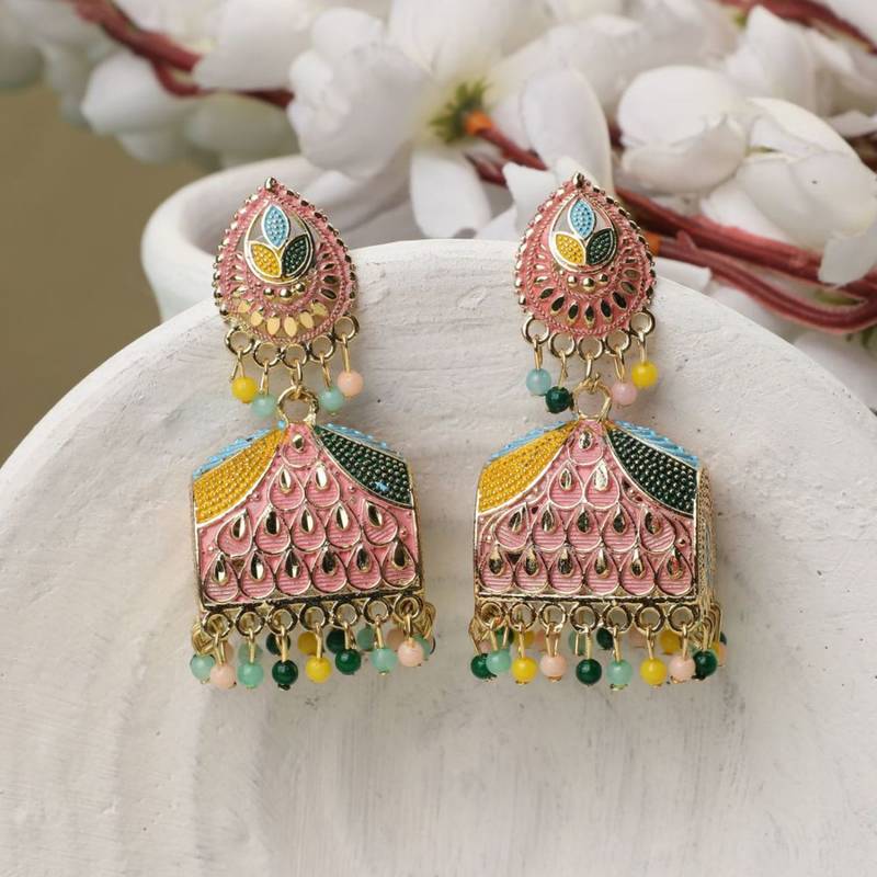 Classic Pink Enameled Stone Studded Jhumka Earring