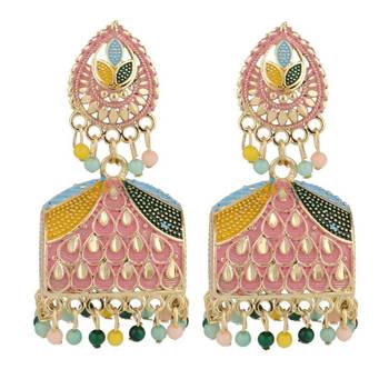 Classic Pink Enameled Stone Studded Jhumka Earring 4