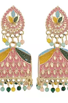 Classic Pink Enameled Stone Studded Jhumka Earring