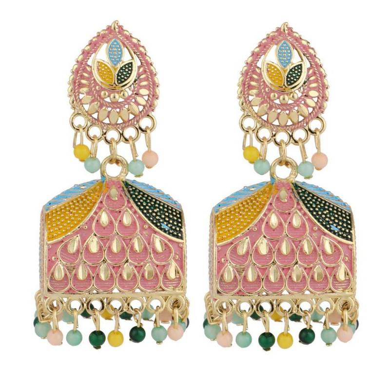 Classic Pink Enameled Stone Studded Jhumka Earring