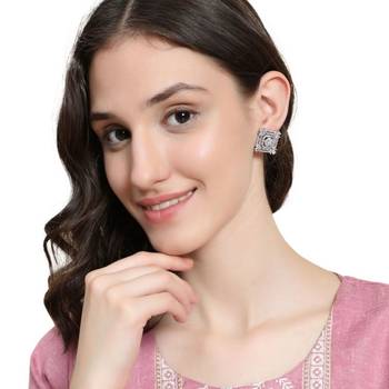 American Diamond Statement Silver Square shaped Stud Earring 1