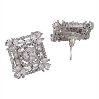 American Diamond Statement Silver Square shaped Stud Earring 2