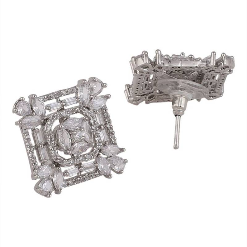 American Diamond Statement Silver Square shaped Stud Earring