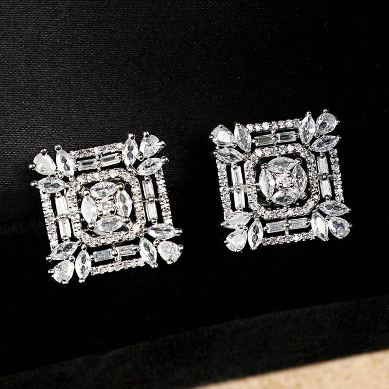 American Diamond Statement Silver Square shaped Stud Earring