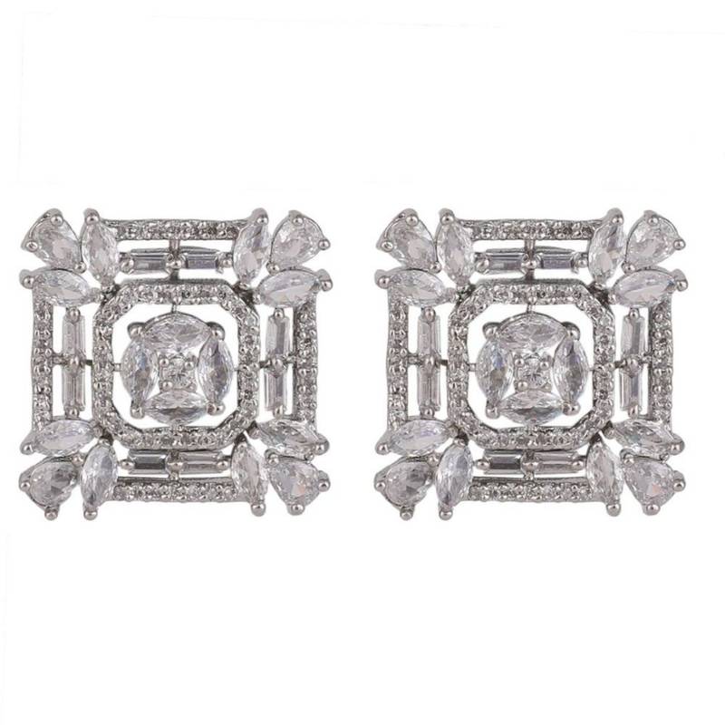American Diamond Statement Silver Square shaped Stud Earring