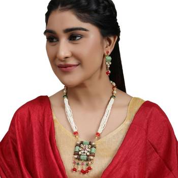 Traditional Square shaped Enameled Kundan and Pearl studded Pearl Drop Peandant and Earring Set for Girls and Women 1