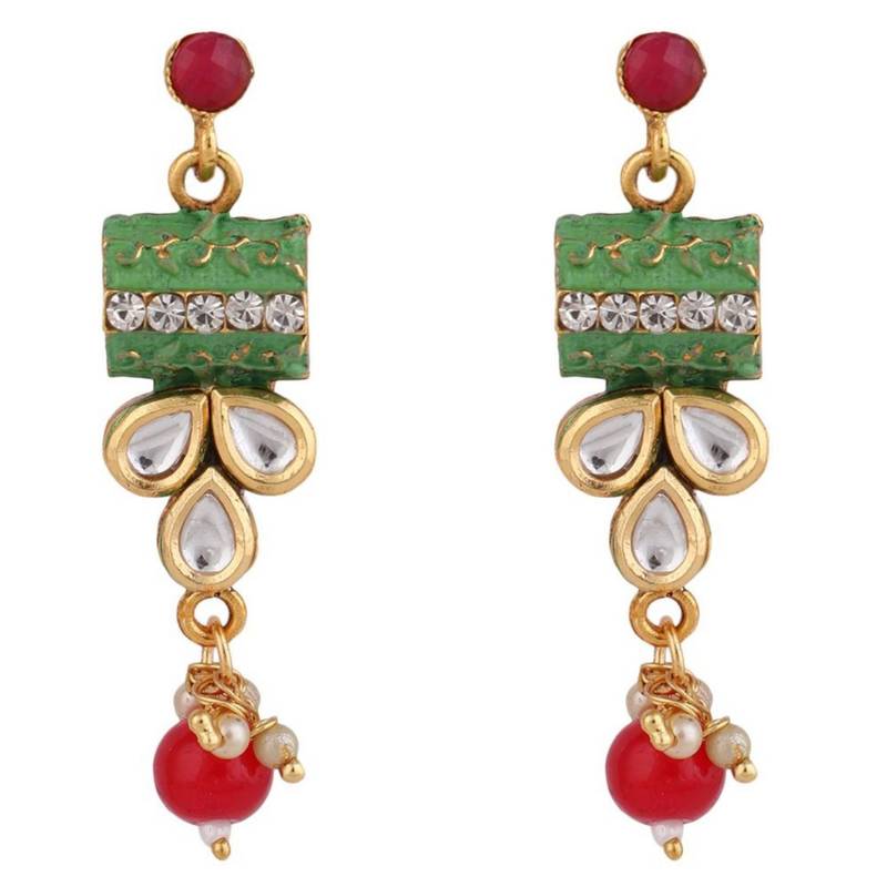Traditional Square shaped Enameled Kundan and Pearl studded Pearl Drop Peandant and Earring Set for Girls and Women