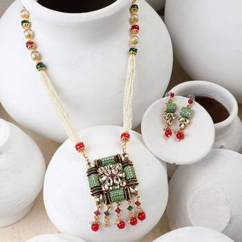 Traditional Square shaped Enameled Kundan and Pearl studded Pearl Drop Peandant and Earring Set for Girls and Women 3