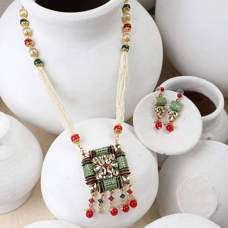 Traditional Square shaped Enameled Kundan and Pearl studded Pearl Drop Peandant and Earring Set for Girls and Women