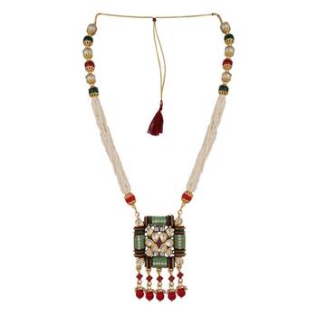 Traditional Square shaped Enameled Kundan and Pearl studded Pearl Drop Peandant and Earring Set for Girls and Women 4
