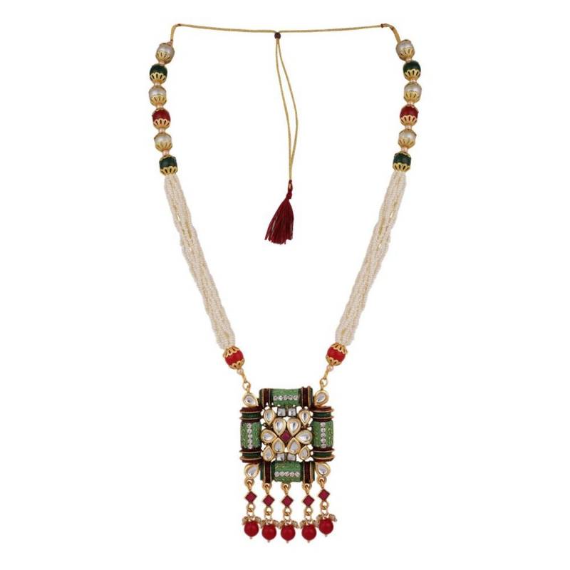 Traditional Square shaped Enameled Kundan and Pearl studded Pearl Drop Peandant and Earring Set for Girls and Women