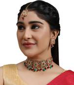 Traditional Gold Plated Kundan and Stone studded Statement Choker with Earrings and Maangtikka for Girls and Women