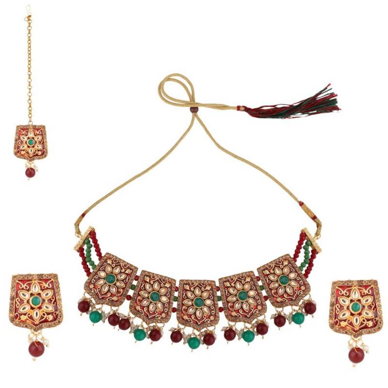 Traditional Gold Plated Kundan and Stone studded Statement Choker with Earrings and Maangtikka for Girls and Women