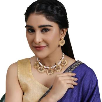 Statement Gold Plated Pearl layerd Stone Studded Cresscent Shaped Necklace and Earring Set for Girls and Women 1