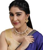 Statement Gold Plated Pearl layerd Stone Studded Cresscent Shaped Necklace and Earring Set for Girls and Women