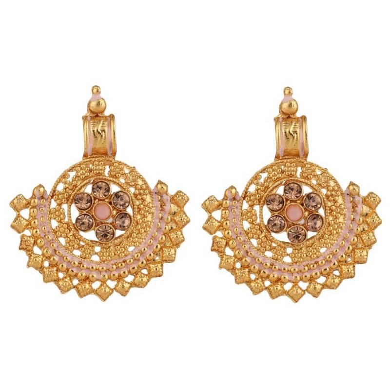 Statement Gold Plated Pearl layerd Stone Studded Cresscent Shaped Necklace and Earring Set for Girls and Women