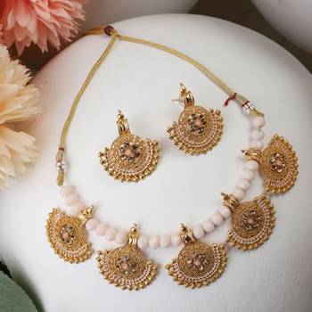 Statement Gold Plated Pearl layerd Stone Studded Cresscent Shaped Necklace and Earring Set for Girls and Women 3