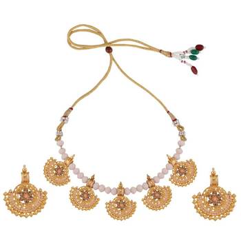Statement Gold Plated Pearl layerd Stone Studded Cresscent Shaped Necklace and Earring Set for Girls and Women 4