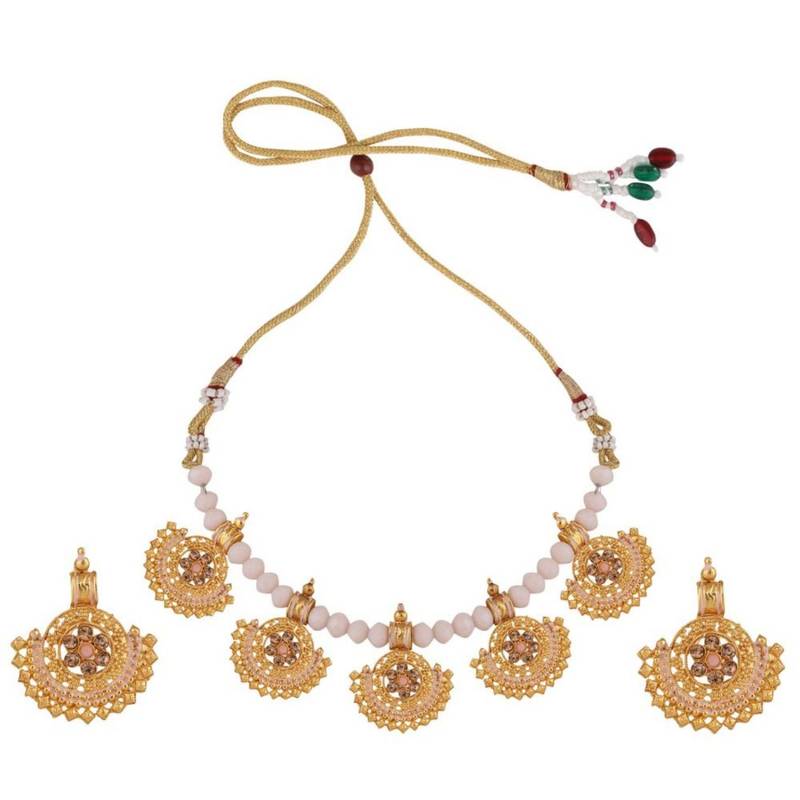 Statement Gold Plated Pearl layerd Stone Studded Cresscent Shaped Necklace and Earring Set for Girls and Women