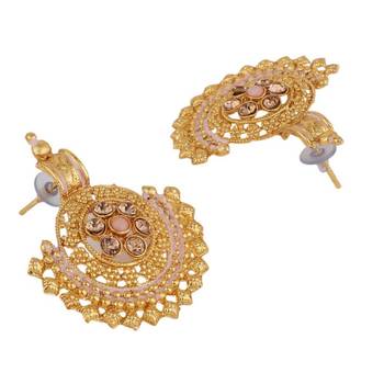 Statement Gold Plated Pearl layerd Stone Studded Cresscent Shaped Necklace and Earring Set for Girls and Women 5